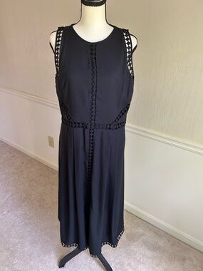 Ann Taylor Black Lattice Trim Dress Size 12 Fit & Flare Sleeveless